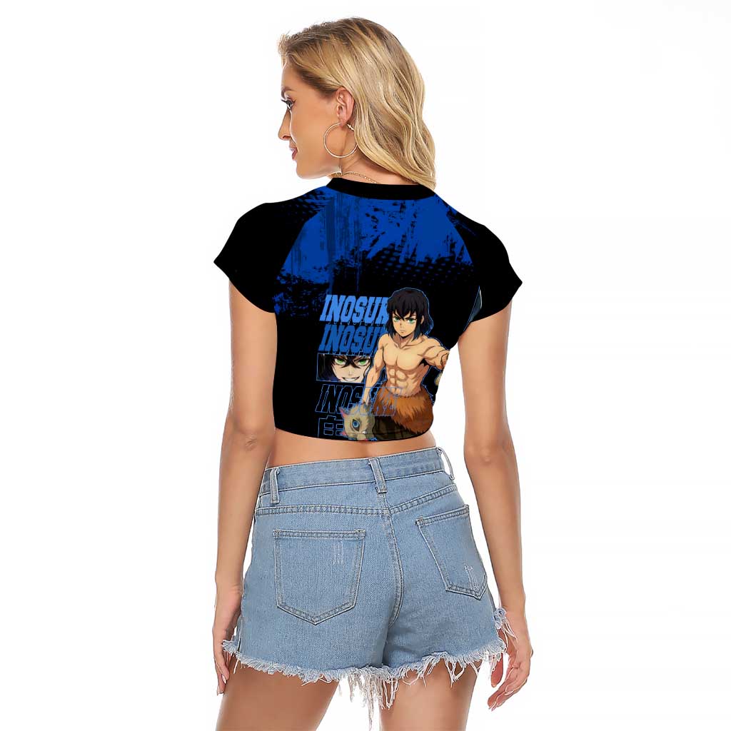 Inosuke Hashibira Demon Slayer Blue Grunge Design Raglan Cropped T Shirt with Boar Mask and Dual Sword Pose - The Mazicc