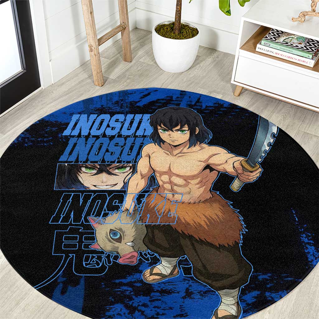 Inosuke Hashibira Demon Slayer Blue Grunge Design Round Carpet with Boar Mask and Dual Sword Pose - The Mazicc