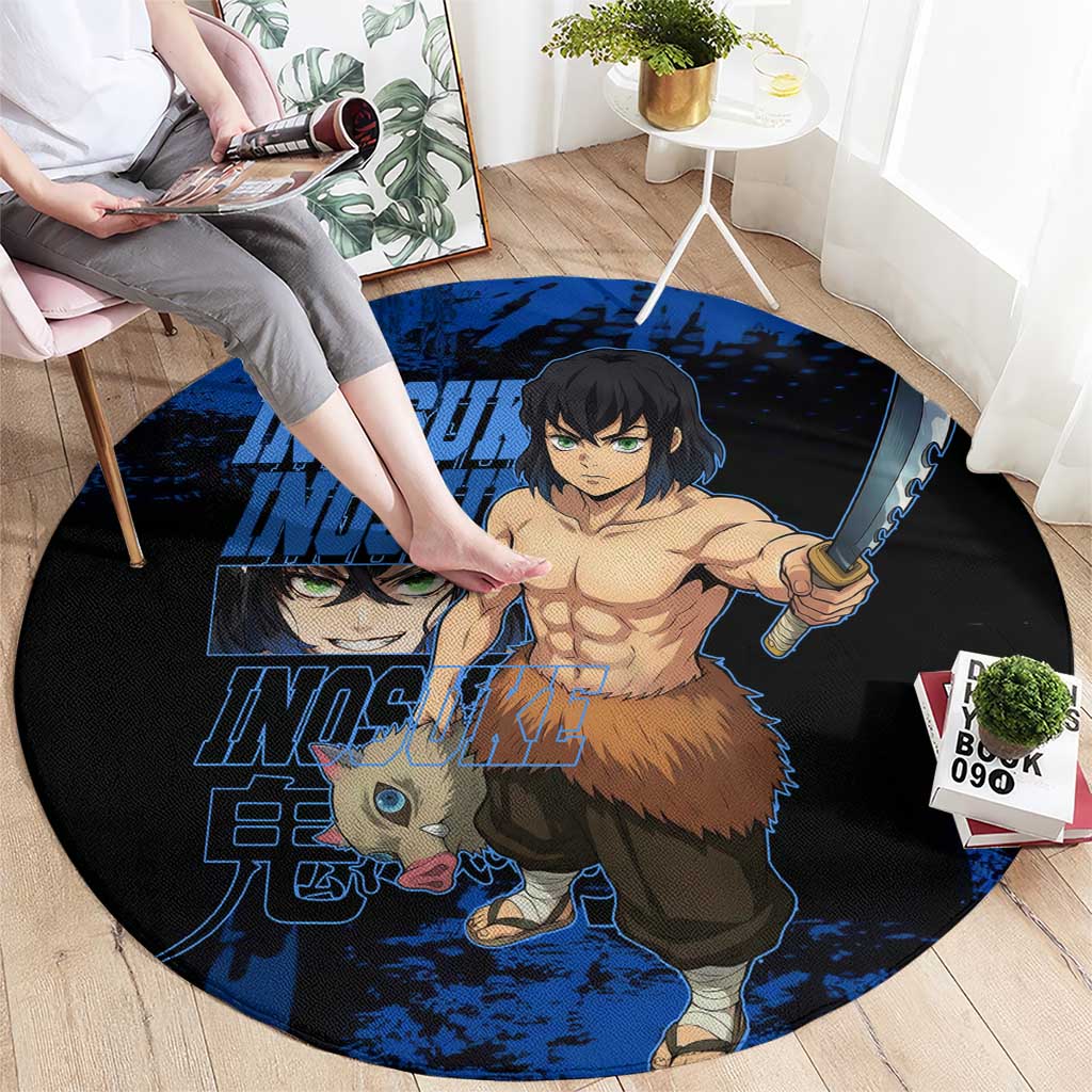 Inosuke Hashibira Demon Slayer Blue Grunge Design Round Carpet with Boar Mask and Dual Sword Pose - The Mazicc