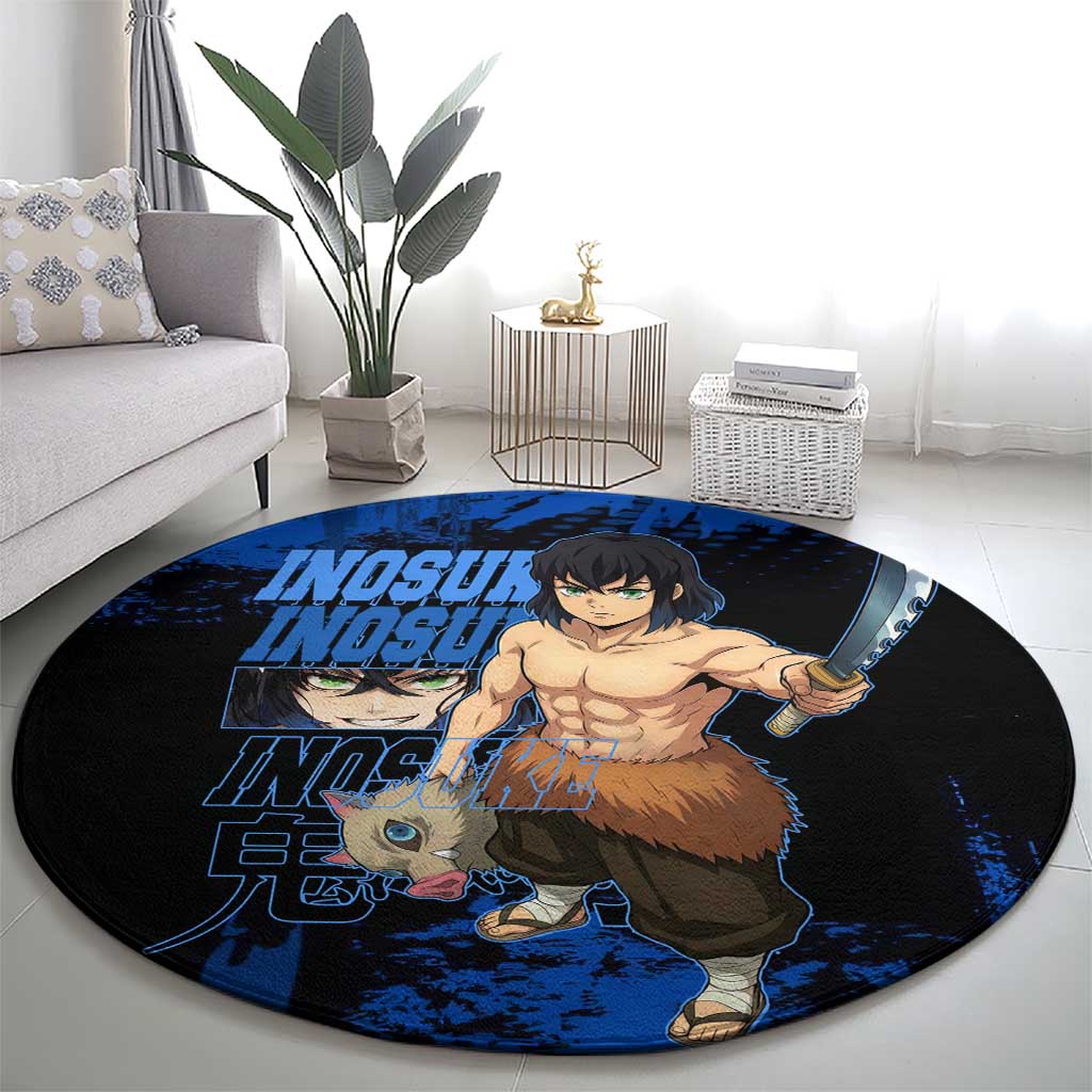 Inosuke Hashibira Demon Slayer Blue Grunge Design Round Carpet with Boar Mask and Dual Sword Pose - The Mazicc
