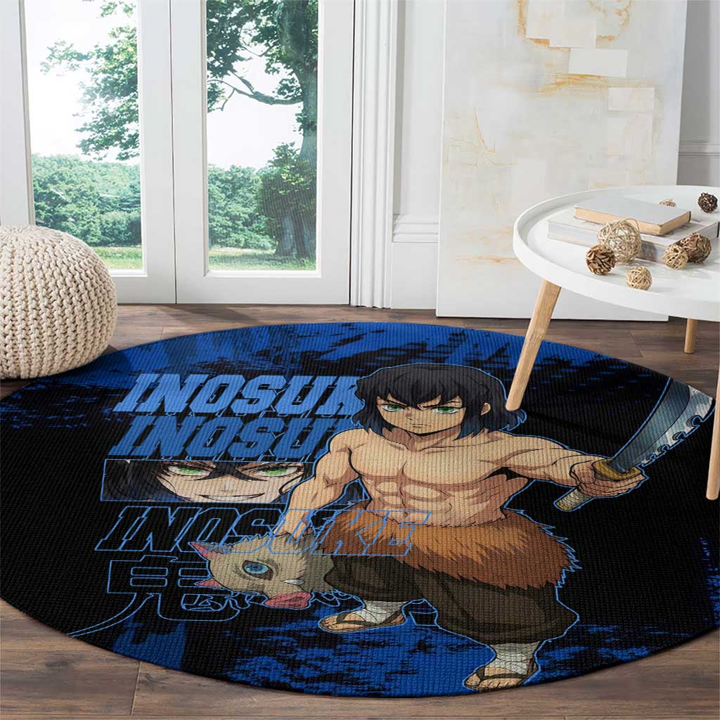 Inosuke Hashibira Demon Slayer Blue Grunge Design Round Carpet with Boar Mask and Dual Sword Pose - The Mazicc