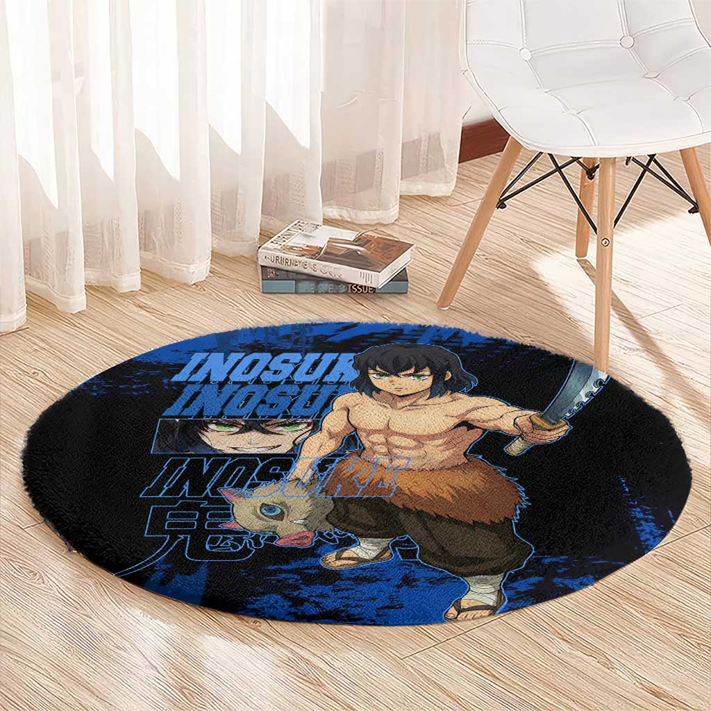 Inosuke Hashibira Demon Slayer Blue Grunge Design Round Carpet with Boar Mask and Dual Sword Pose - The Mazicc