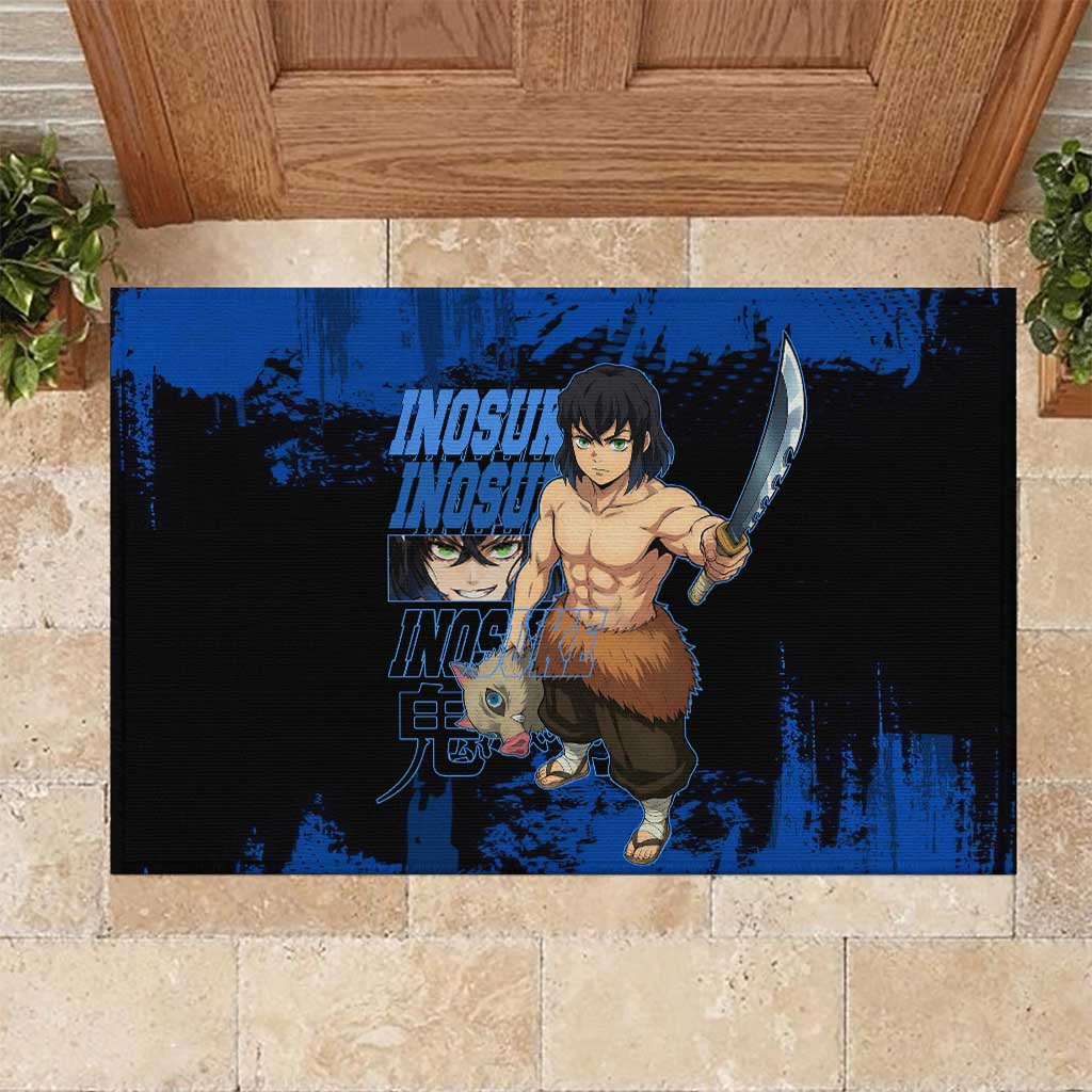 Inosuke Hashibira Demon Slayer Blue Grunge Design Rubber Doormat with Boar Mask and Dual Sword Pose - The Mazicc