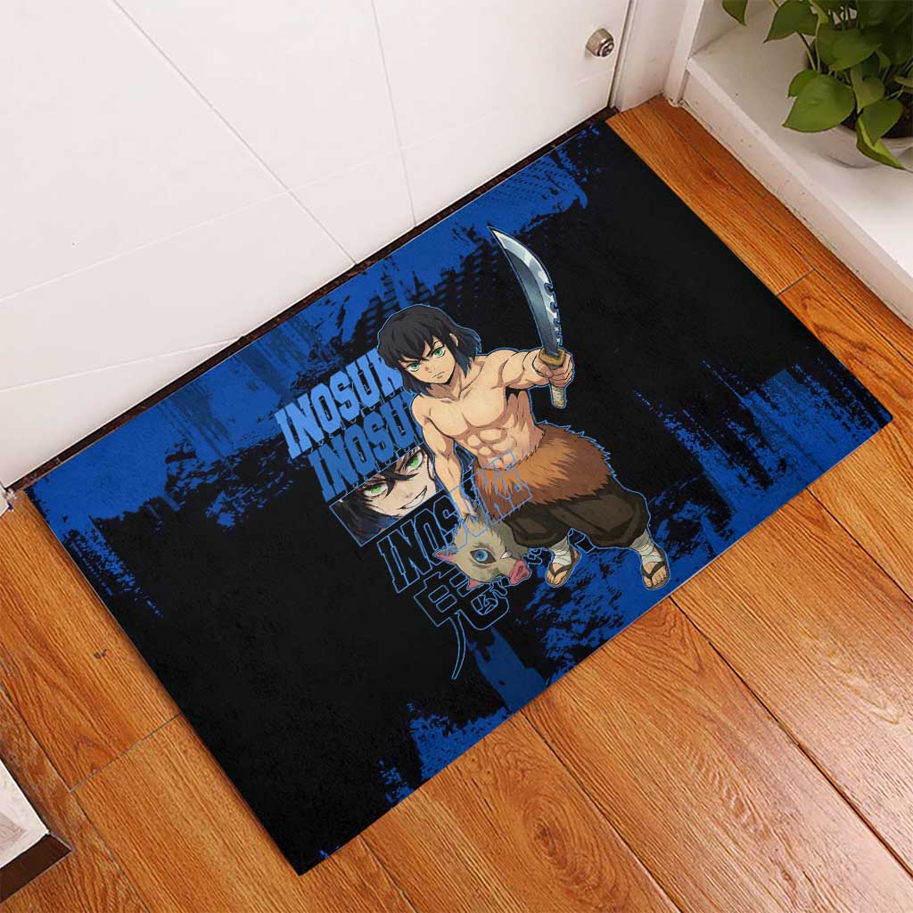 Inosuke Hashibira Demon Slayer Blue Grunge Design Rubber Doormat with Boar Mask and Dual Sword Pose - The Mazicc
