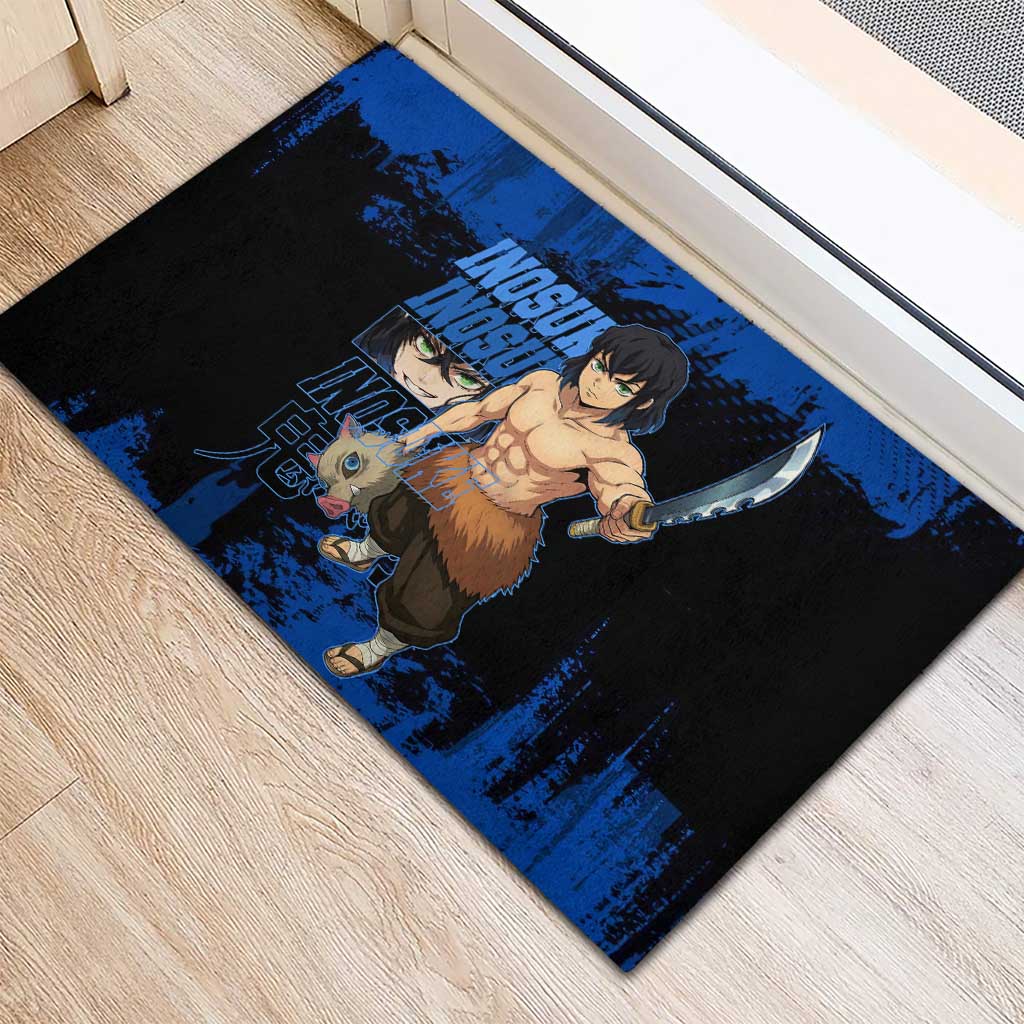 Inosuke Hashibira Demon Slayer Blue Grunge Design Rubber Doormat with Boar Mask and Dual Sword Pose - The Mazicc