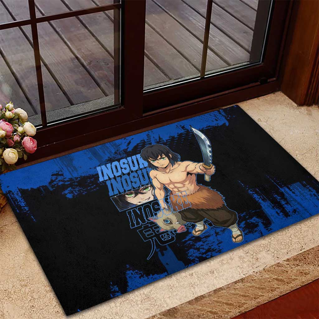 Inosuke Hashibira Demon Slayer Blue Grunge Design Rubber Doormat with Boar Mask and Dual Sword Pose - The Mazicc