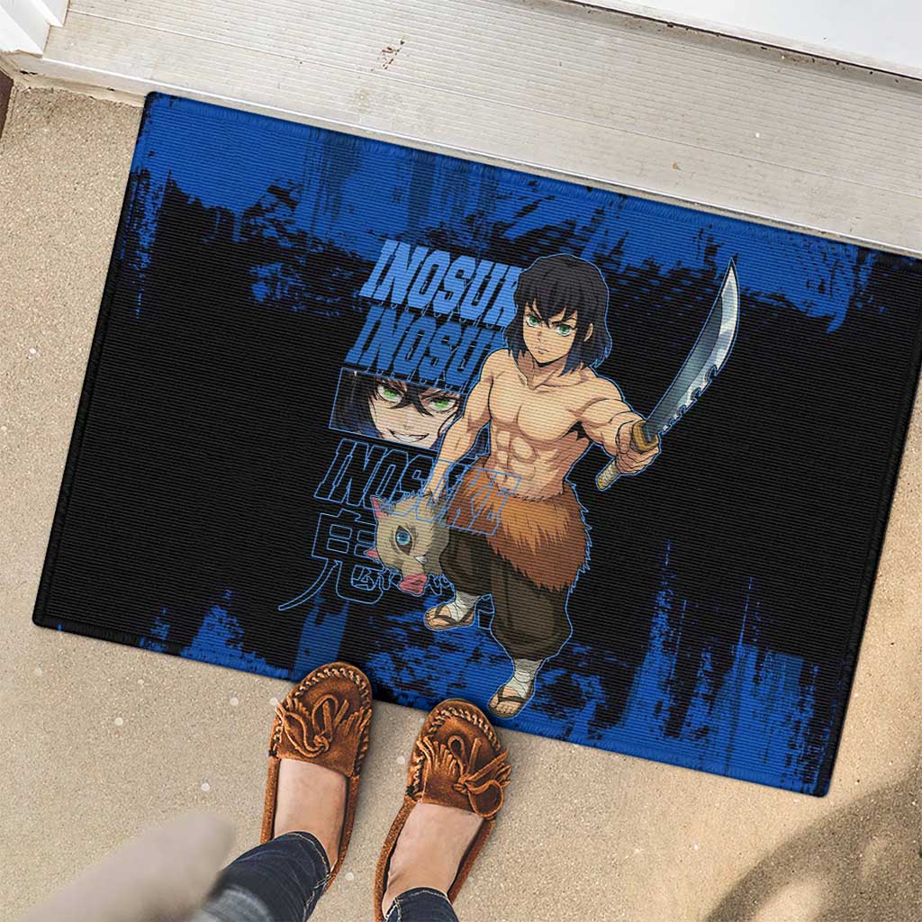 Inosuke Hashibira Demon Slayer Blue Grunge Design Rubber Doormat with Boar Mask and Dual Sword Pose - The Mazicc