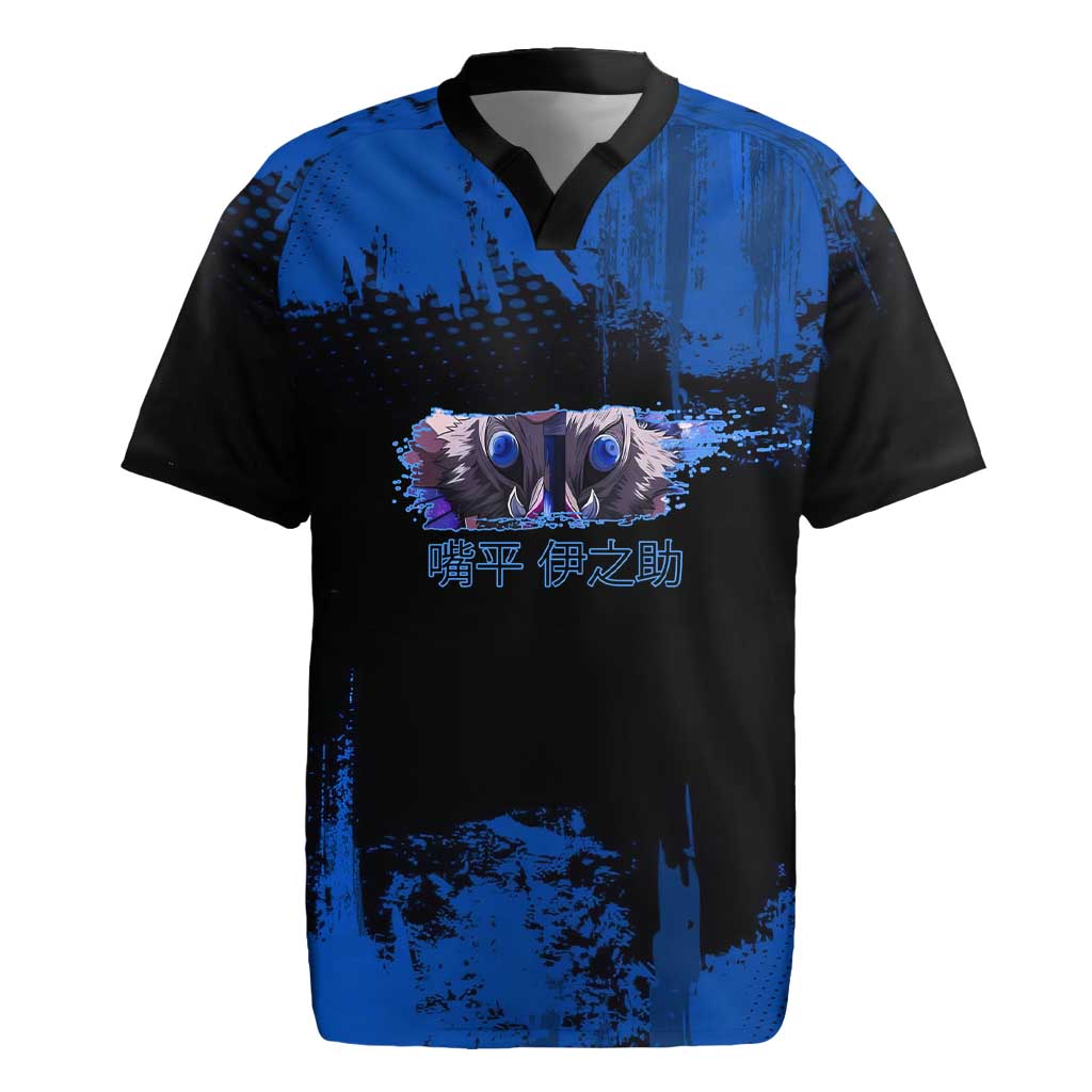Inosuke Hashibira Demon Slayer Blue Grunge Design Rugby Jersey with Boar Mask and Dual Sword Pose - The Mazicc