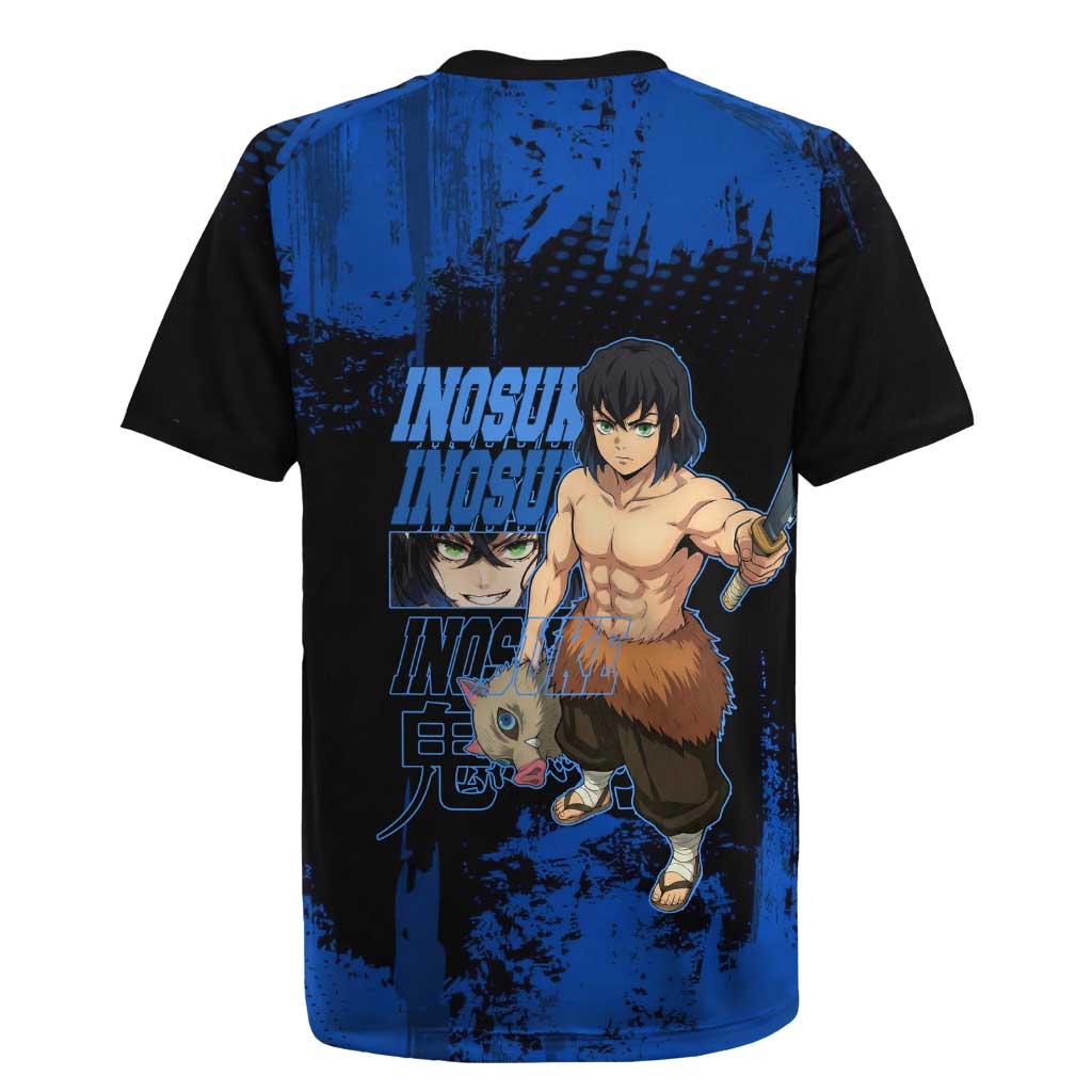 Inosuke Hashibira Demon Slayer Blue Grunge Design Rugby Jersey with Boar Mask and Dual Sword Pose - The Mazicc