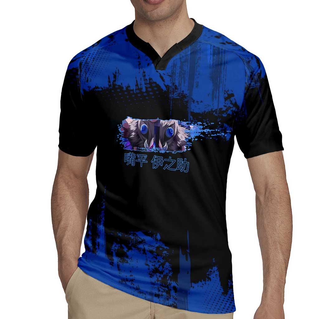 Inosuke Hashibira Demon Slayer Blue Grunge Design Rugby Jersey with Boar Mask and Dual Sword Pose - The Mazicc