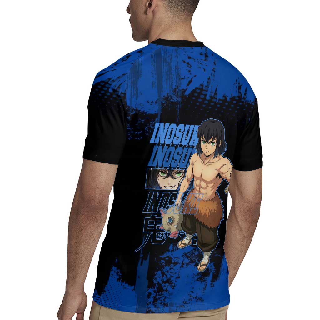 Inosuke Hashibira Demon Slayer Blue Grunge Design Rugby Jersey with Boar Mask and Dual Sword Pose - The Mazicc