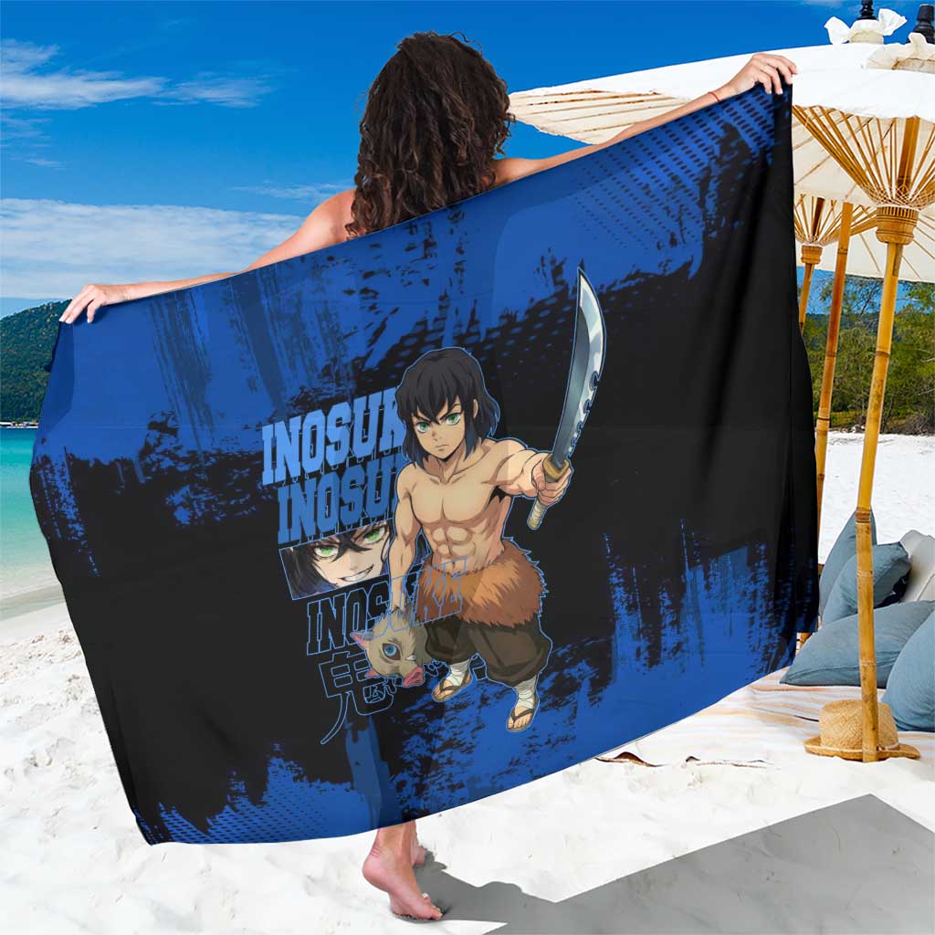 Inosuke Hashibira Demon Slayer Blue Grunge Design Sarong with Boar Mask and Dual Sword Pose - The Mazicc