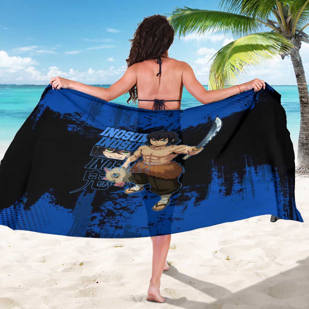 Inosuke Hashibira Demon Slayer Blue Grunge Design Sarong with Boar Mask and Dual Sword Pose - The Mazicc