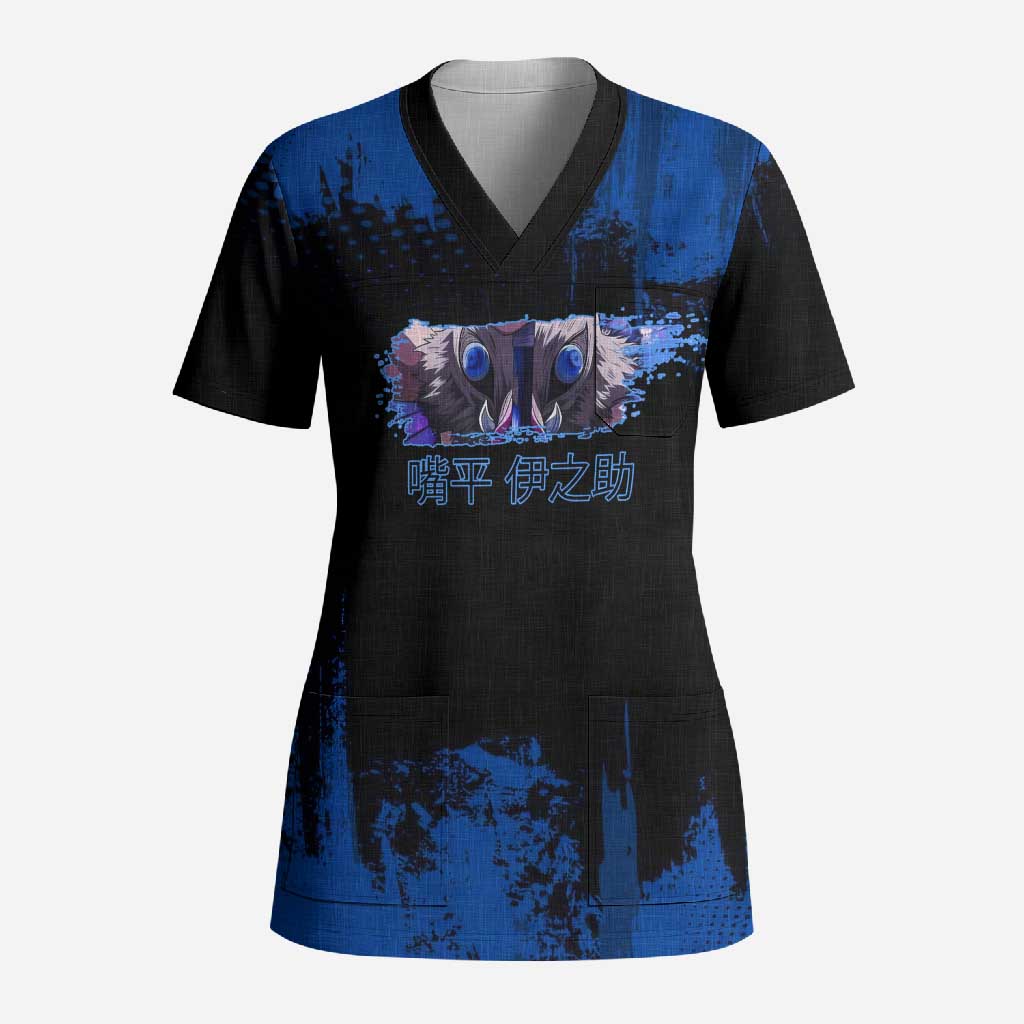 Inosuke Hashibira Demon Slayer Blue Grunge Design Scrub Top with Boar Mask and Dual Sword Pose - The Mazicc