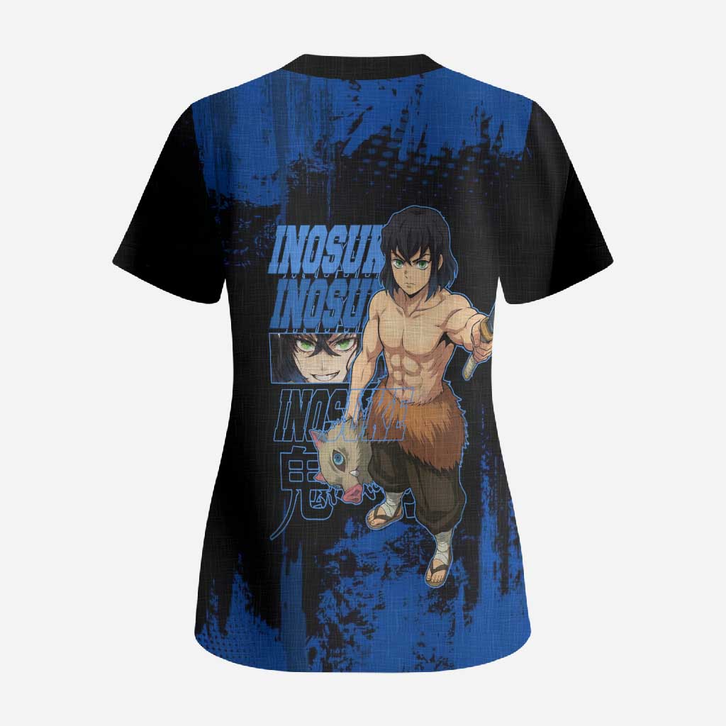 Inosuke Hashibira Demon Slayer Blue Grunge Design Scrub Top with Boar Mask and Dual Sword Pose - The Mazicc
