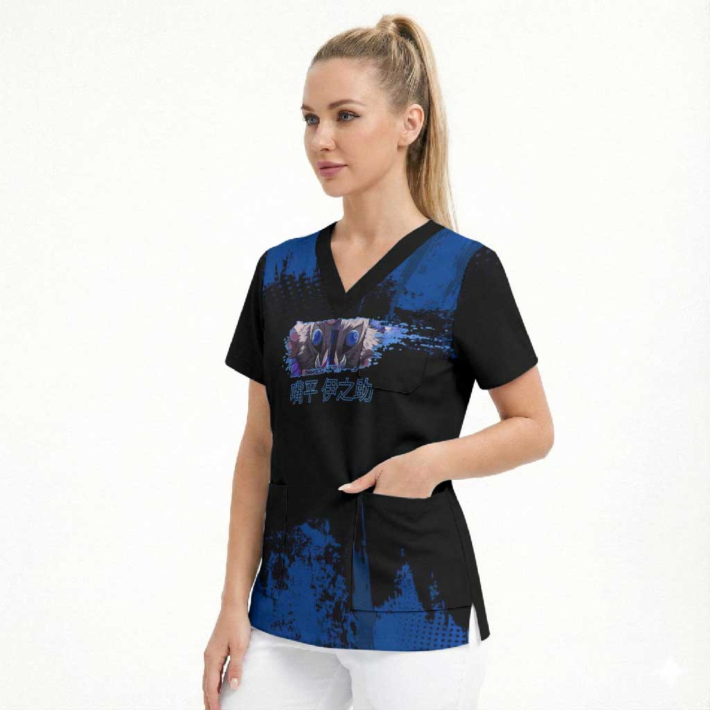 Inosuke Hashibira Demon Slayer Blue Grunge Design Scrub Top with Boar Mask and Dual Sword Pose - The Mazicc
