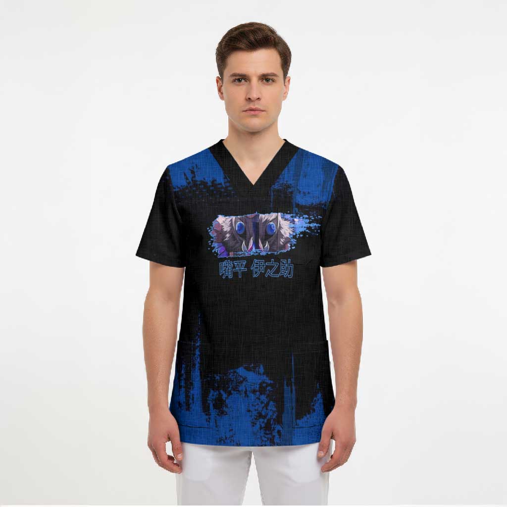 Inosuke Hashibira Demon Slayer Blue Grunge Design Scrub Top with Boar Mask and Dual Sword Pose - The Mazicc