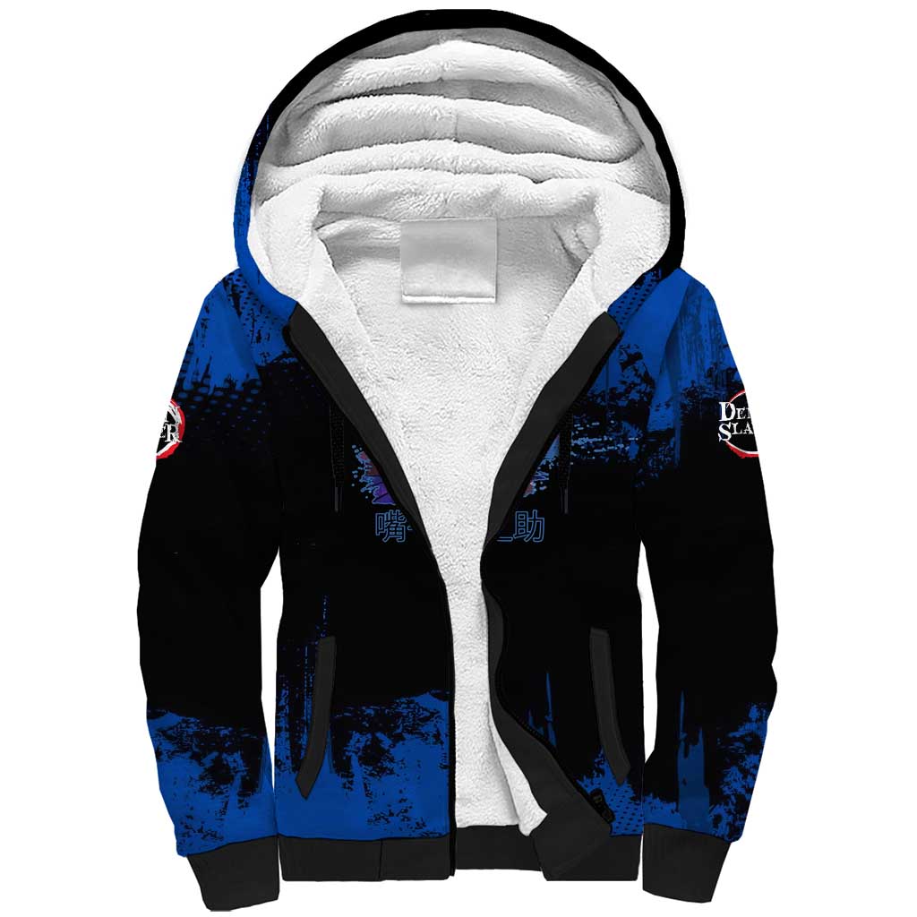 Inosuke Hashibira Demon Slayer Blue Grunge Design Sherpa Hoodie with Boar Mask and Dual Sword Pose - The Mazicc
