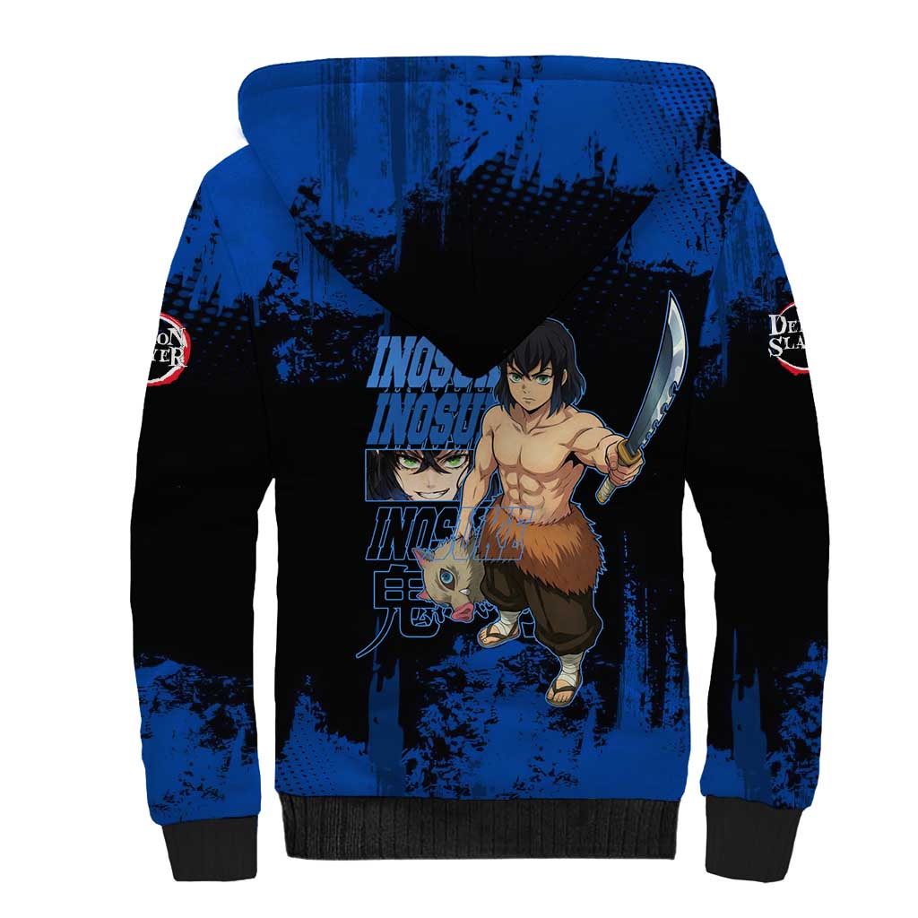 Inosuke Hashibira Demon Slayer Blue Grunge Design Sherpa Hoodie with Boar Mask and Dual Sword Pose - The Mazicc