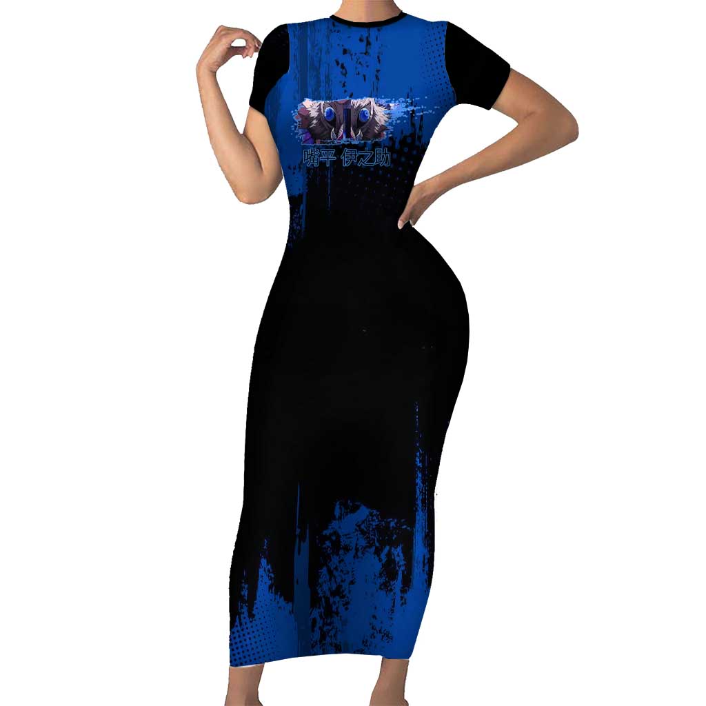 Inosuke Hashibira Demon Slayer Blue Grunge Design Short Sleeve Bodycon Dress with Boar Mask and Dual Sword Pose - The Mazicc