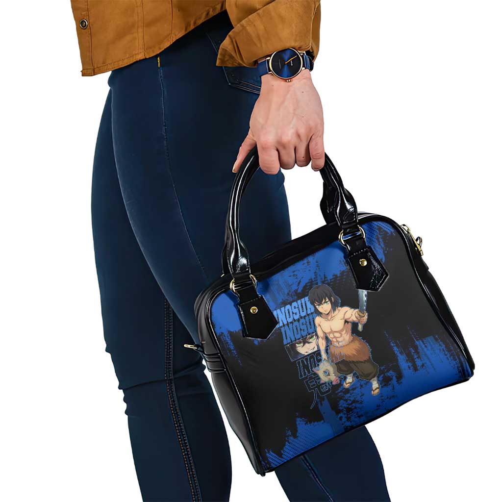 Inosuke Hashibira Demon Slayer Blue Grunge Design Shoulder Handbag with Boar Mask and Dual Sword Pose - The Mazicc