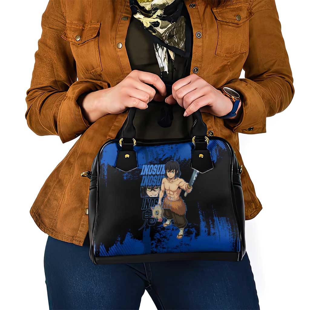 Inosuke Hashibira Demon Slayer Blue Grunge Design Shoulder Handbag with Boar Mask and Dual Sword Pose - The Mazicc
