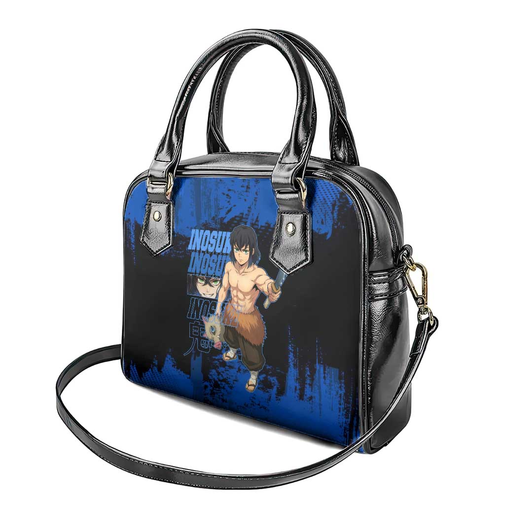 Inosuke Hashibira Demon Slayer Blue Grunge Design Shoulder Handbag with Boar Mask and Dual Sword Pose - The Mazicc