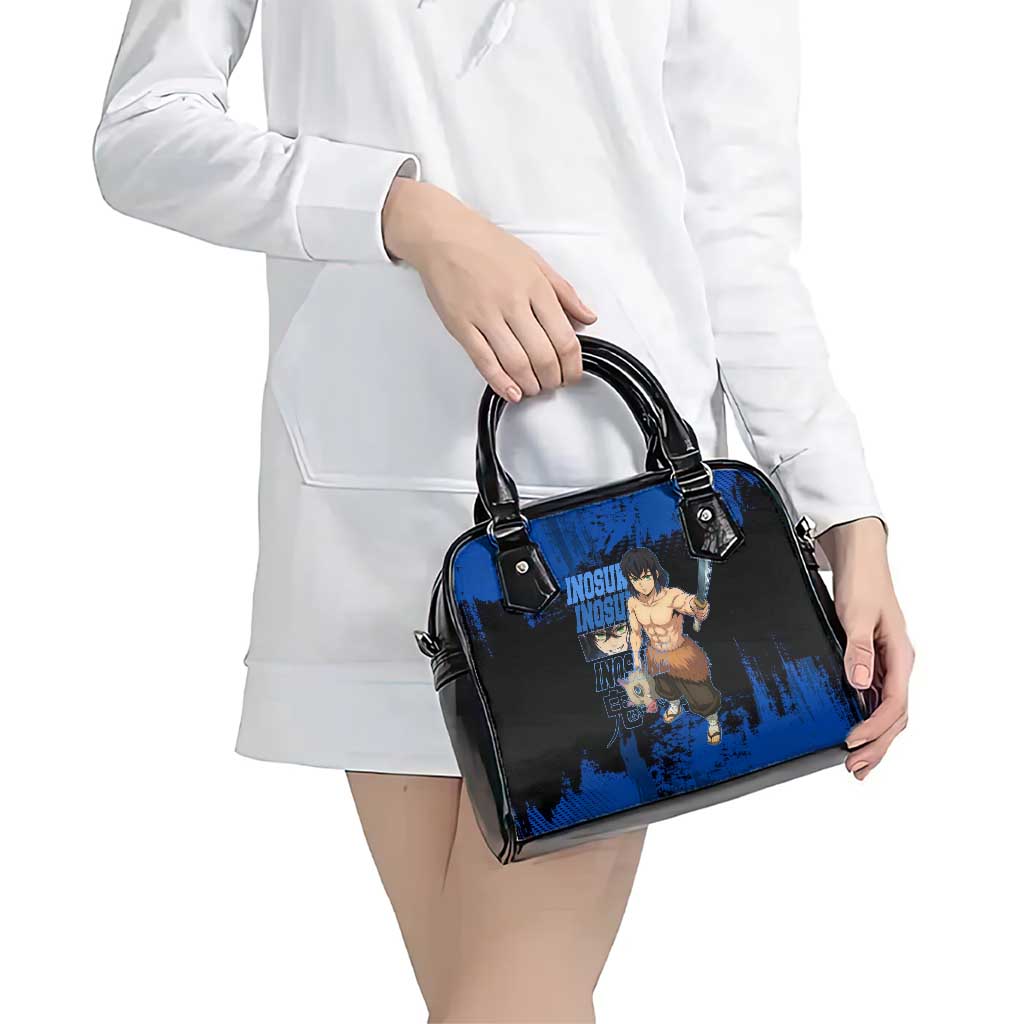Inosuke Hashibira Demon Slayer Blue Grunge Design Shoulder Handbag with Boar Mask and Dual Sword Pose - The Mazicc