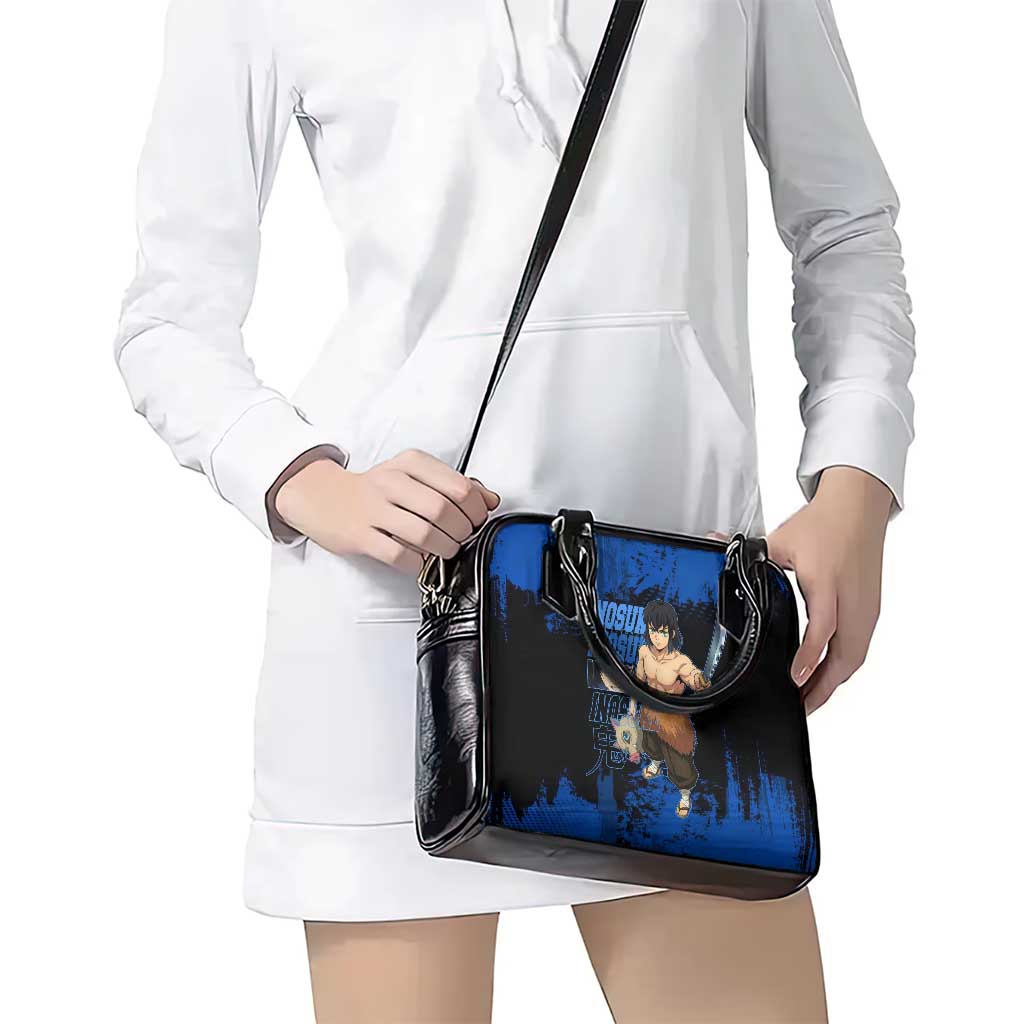 Inosuke Hashibira Demon Slayer Blue Grunge Design Shoulder Handbag with Boar Mask and Dual Sword Pose - The Mazicc