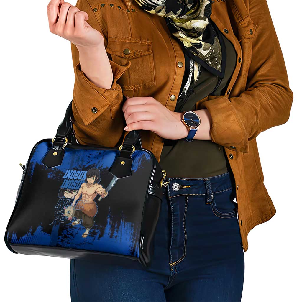 Inosuke Hashibira Demon Slayer Blue Grunge Design Shoulder Handbag with Boar Mask and Dual Sword Pose - The Mazicc