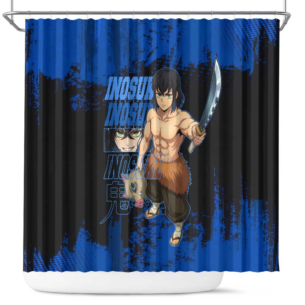Inosuke Hashibira Demon Slayer Blue Grunge Design Shower Curtain with Boar Mask and Dual Sword Pose - The Mazicc