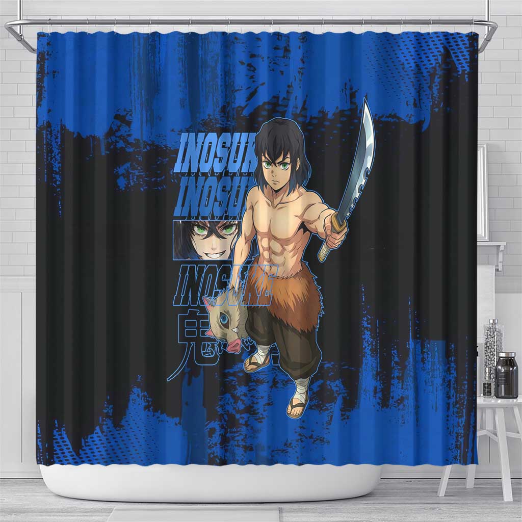 Inosuke Hashibira Demon Slayer Blue Grunge Design Shower Curtain with Boar Mask and Dual Sword Pose - The Mazicc