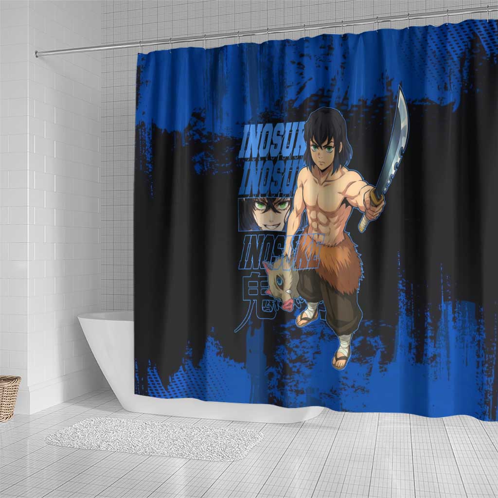 Inosuke Hashibira Demon Slayer Blue Grunge Design Shower Curtain with Boar Mask and Dual Sword Pose - The Mazicc