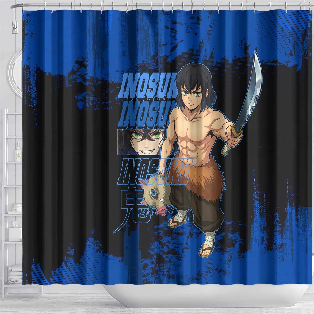 Inosuke Hashibira Demon Slayer Blue Grunge Design Shower Curtain with Boar Mask and Dual Sword Pose - The Mazicc