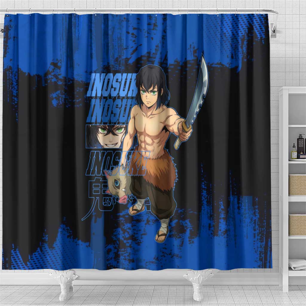 Inosuke Hashibira Demon Slayer Blue Grunge Design Shower Curtain with Boar Mask and Dual Sword Pose - The Mazicc