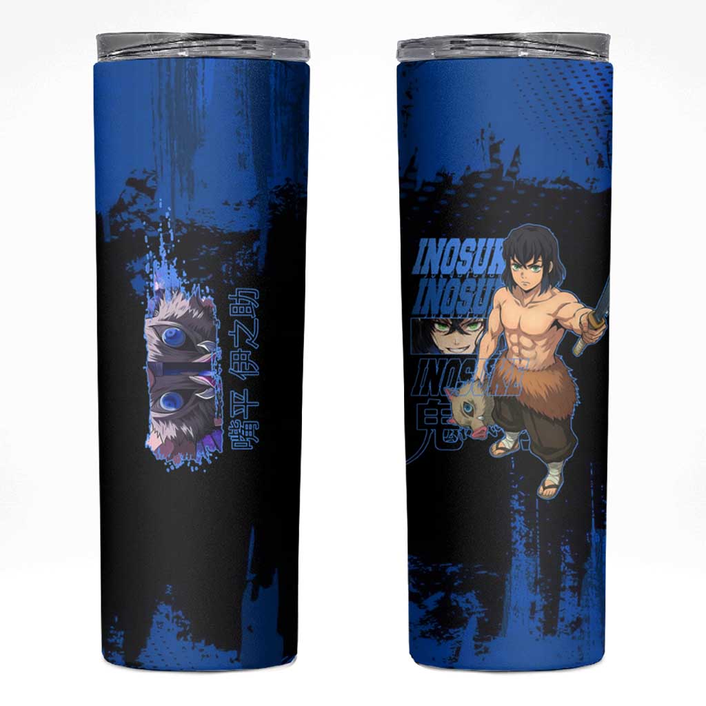 Inosuke Hashibira Demon Slayer Blue Grunge Design Skinny Tumbler with Boar Mask and Dual Sword Pose - The Mazicc