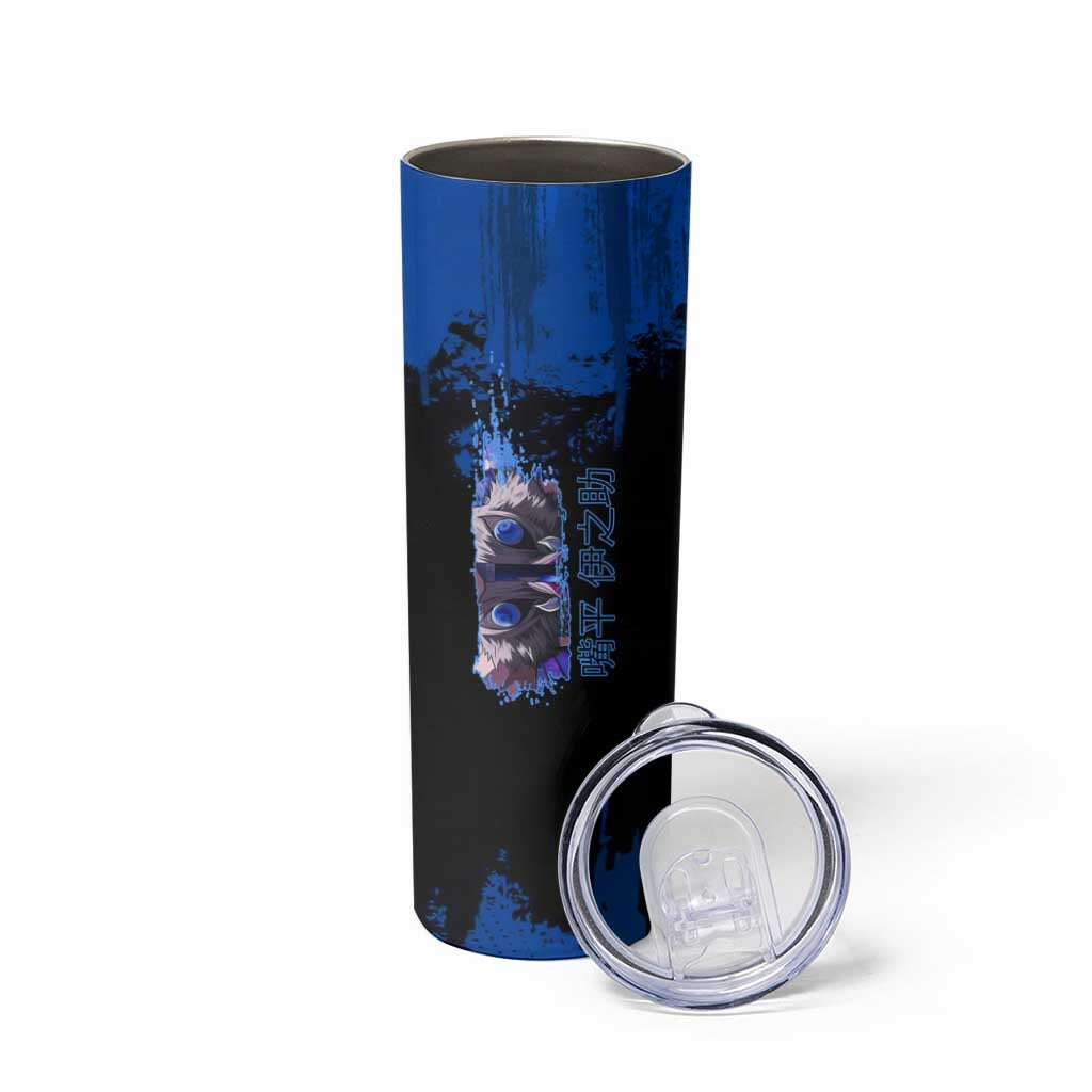 Inosuke Hashibira Demon Slayer Blue Grunge Design Skinny Tumbler with Boar Mask and Dual Sword Pose - The Mazicc