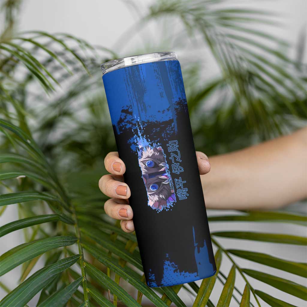 Inosuke Hashibira Demon Slayer Blue Grunge Design Skinny Tumbler with Boar Mask and Dual Sword Pose - The Mazicc