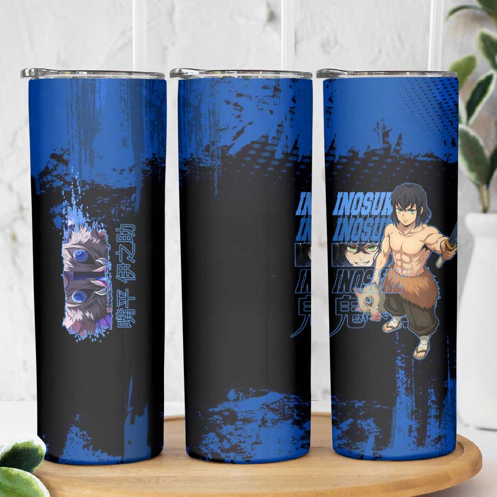 Inosuke Hashibira Demon Slayer Blue Grunge Design Skinny Tumbler with Boar Mask and Dual Sword Pose - The Mazicc