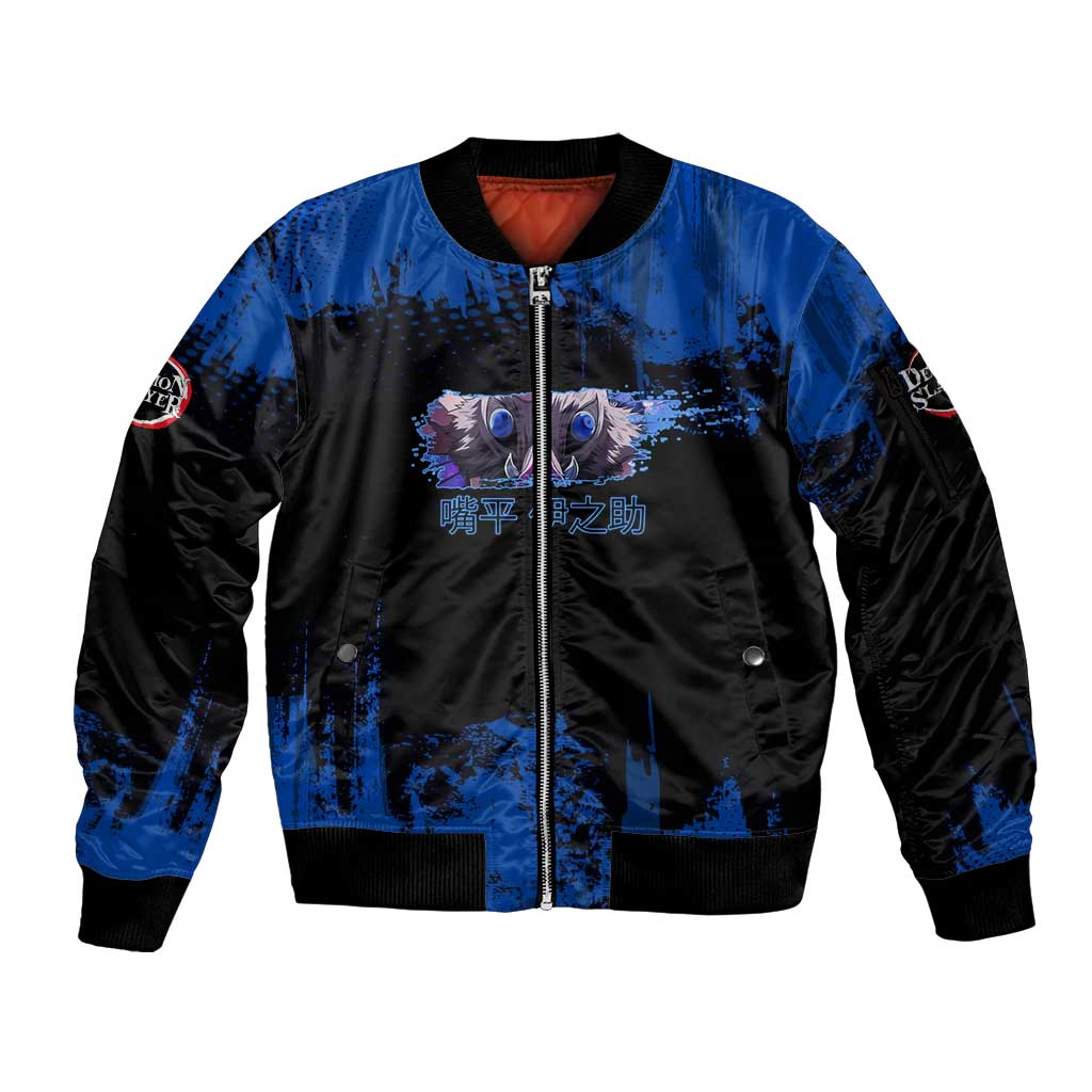 Inosuke Hashibira Demon Slayer Blue Grunge Design Sleeve Zip Bomber Jacket with Boar Mask and Dual Sword Pose - The Mazicc