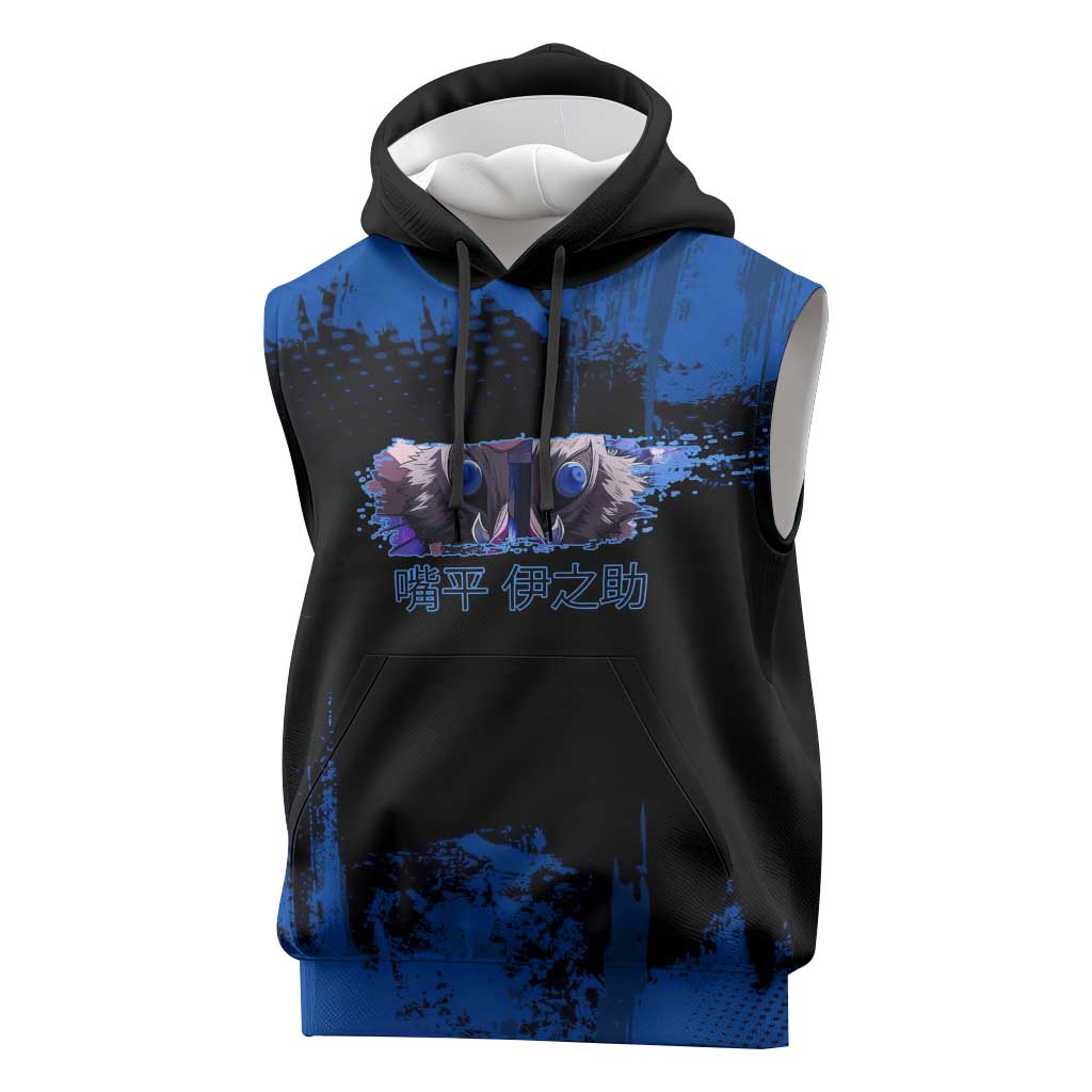 Inosuke Hashibira Demon Slayer Blue Grunge Design Sleeveless Hoodie with Boar Mask and Dual Sword Pose - The Mazicc