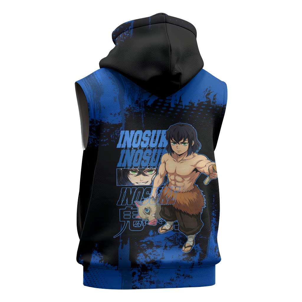 Inosuke Hashibira Demon Slayer Blue Grunge Design Sleeveless Hoodie with Boar Mask and Dual Sword Pose - The Mazicc