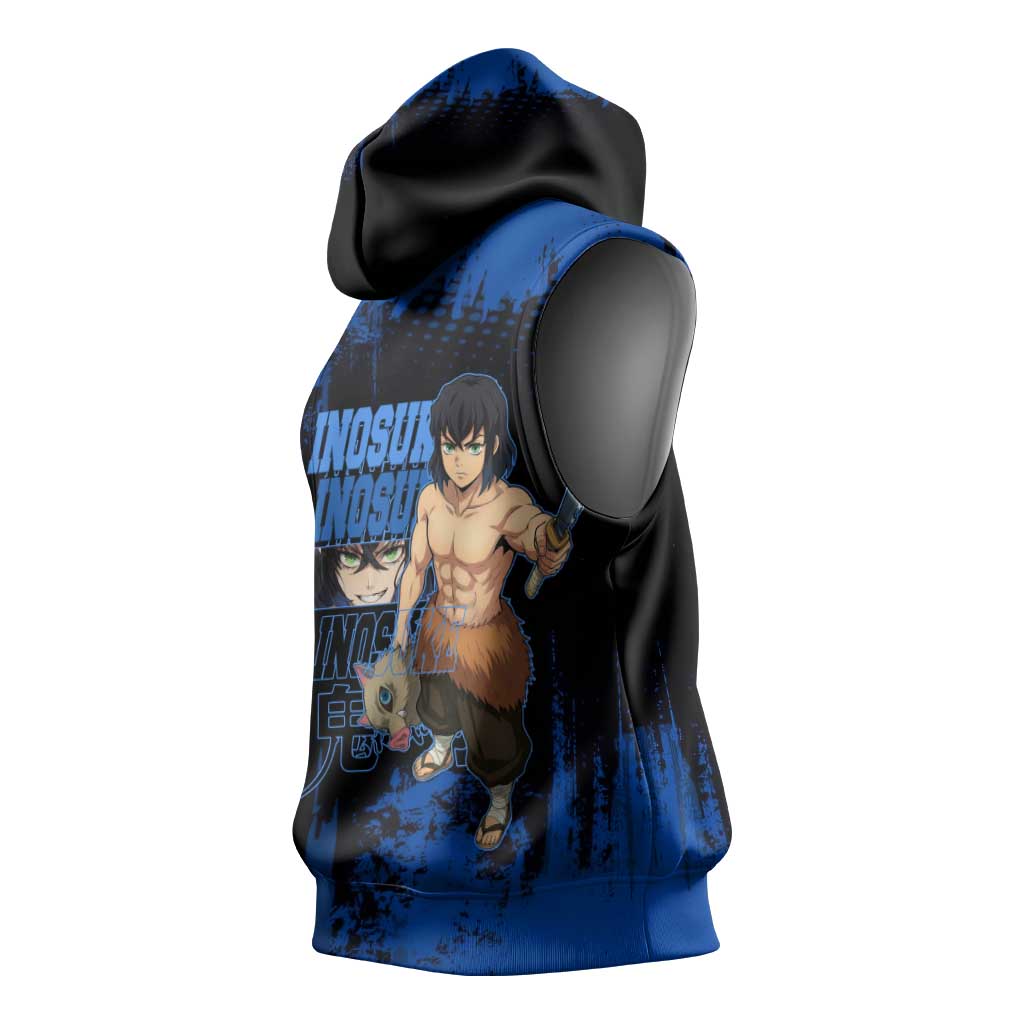 Inosuke Hashibira Demon Slayer Blue Grunge Design Sleeveless Hoodie with Boar Mask and Dual Sword Pose - The Mazicc