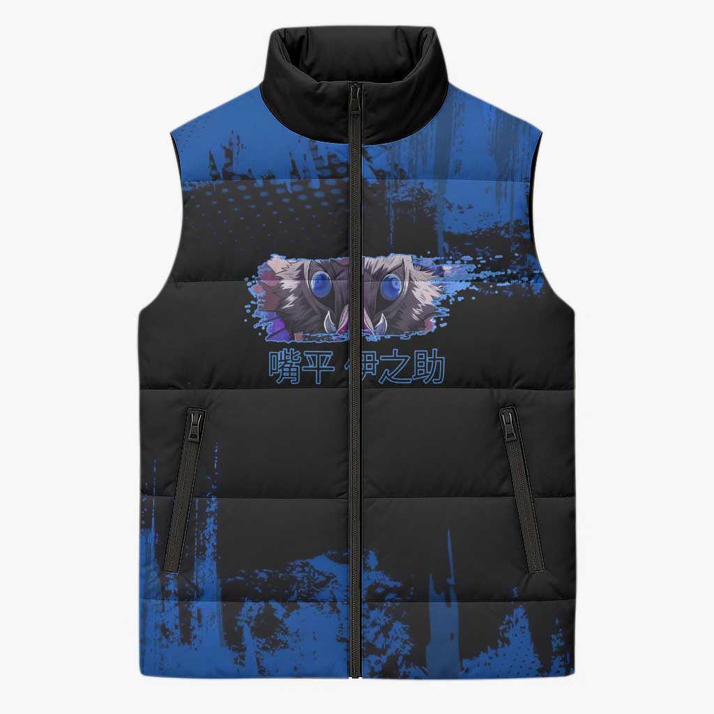 Inosuke Hashibira Demon Slayer Blue Grunge Design Sleeveless Puffer Jacket with Boar Mask and Dual Sword Pose - The Mazicc