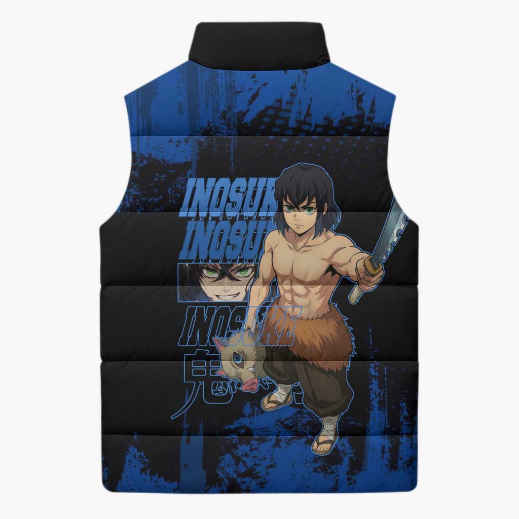 Inosuke Hashibira Demon Slayer Blue Grunge Design Sleeveless Puffer Jacket with Boar Mask and Dual Sword Pose - The Mazicc