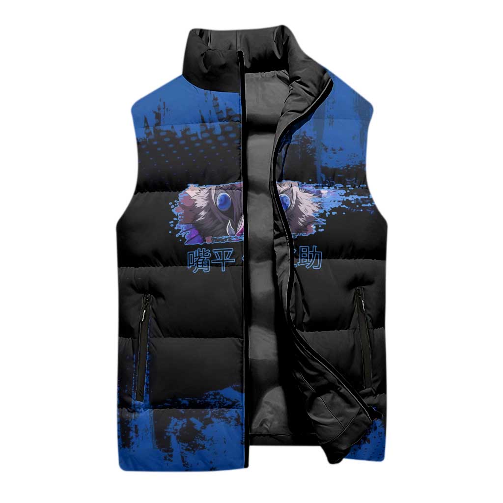 Inosuke Hashibira Demon Slayer Blue Grunge Design Sleeveless Puffer Jacket with Boar Mask and Dual Sword Pose - The Mazicc
