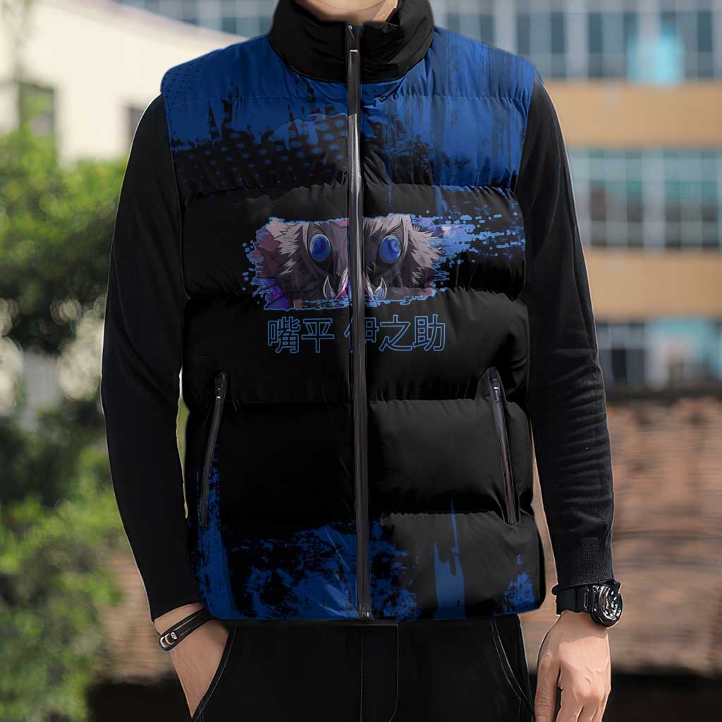 Inosuke Hashibira Demon Slayer Blue Grunge Design Sleeveless Puffer Jacket with Boar Mask and Dual Sword Pose - The Mazicc