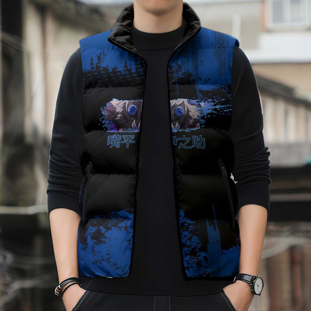 Inosuke Hashibira Demon Slayer Blue Grunge Design Sleeveless Puffer Jacket with Boar Mask and Dual Sword Pose - The Mazicc