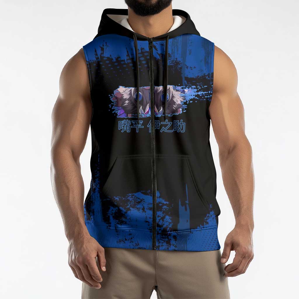 Inosuke Hashibira Demon Slayer Blue Grunge Design Sleeveless Zip Hoodie with Boar Mask and Dual Sword Pose - The Mazicc