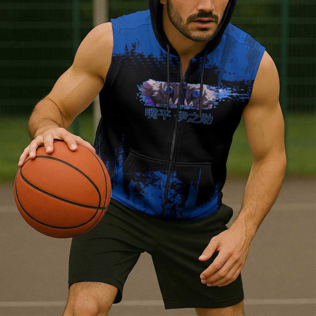 Inosuke Hashibira Demon Slayer Blue Grunge Design Sleeveless Zip Hoodie with Boar Mask and Dual Sword Pose - The Mazicc